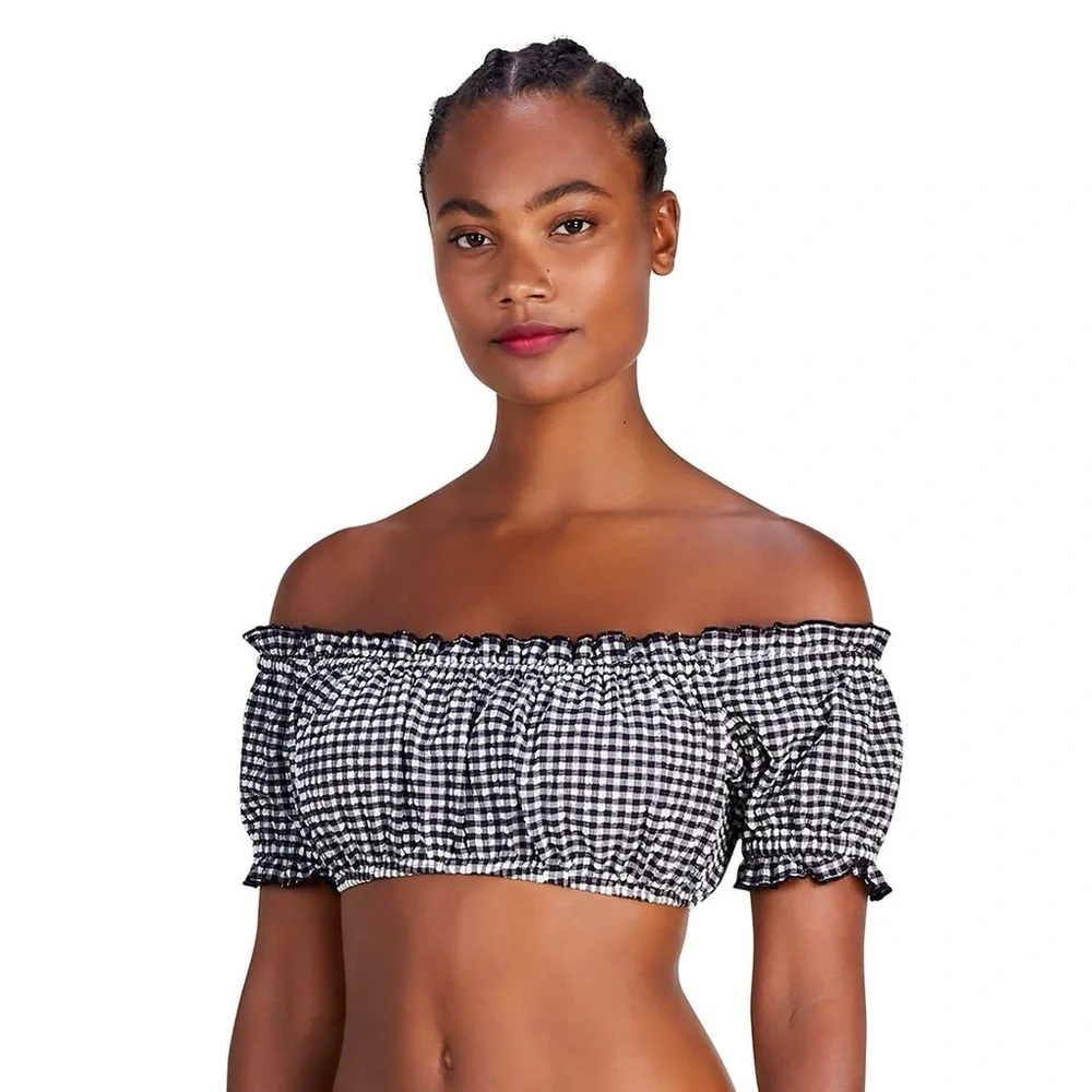 NWT Kate Spade Off The Shoulder Bikini Top Gingham Black White Padded Bandeau M - Picture 2 of 10